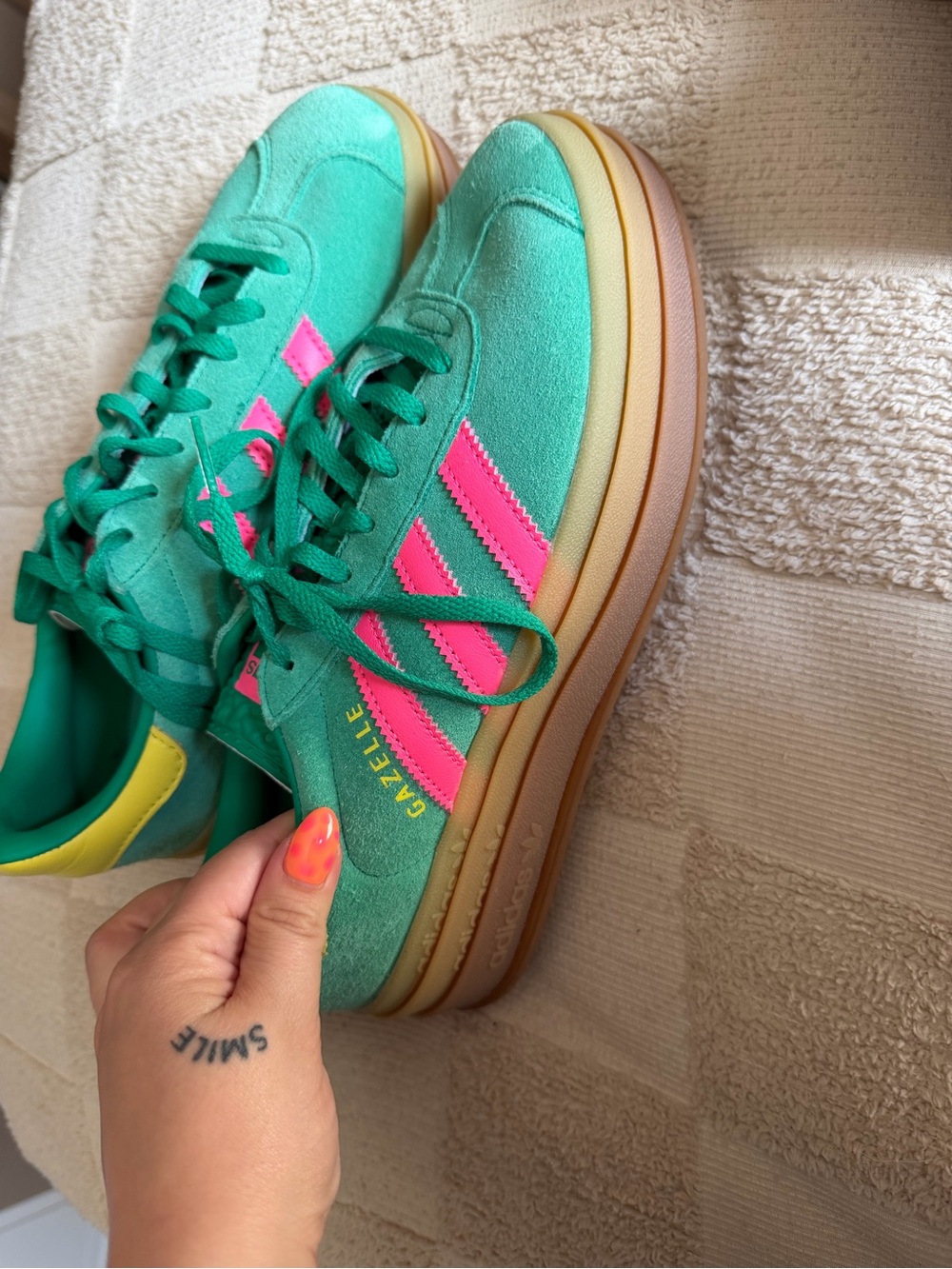 adidas Women’s Teal Suede Sneakers with Pink Three Stripes and Yellow Heel - Picture 2 of 7